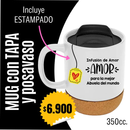 Mug con tapa y posavasos