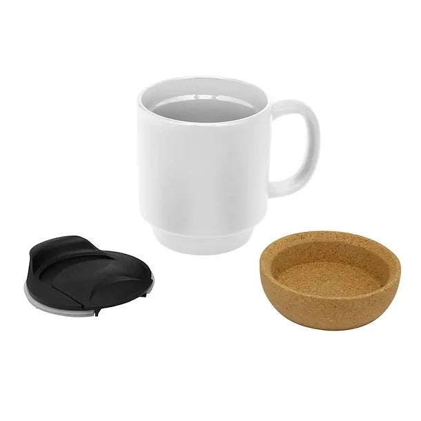 Mug con tapa y posavasos